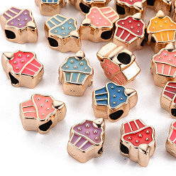 Light Gold UV Plating Acrylic European Beads, with Enamel, Large Hole Beads, Mixed Color, Cupcake, Light Gold, 14.5x11x7.5mm, Hole: 4mm