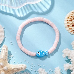 Fish Плоские круглые браслеты ручной работы из полимерной глины heishi с бусинами, составные браслеты для женщин, с синтетической бирюзовой крошкой и фарфором, рыба, внутренний диаметр: 2-1/4 дюйм (5.6 см)