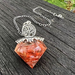 Красный Агат Маятники для лозоходства с ромбовидными наконечниками из смолы, с металлической находкой «Древо жизни» и натуральной стружкой сердолика внутри, 290 мм