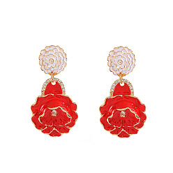 Red Alloy Enamel Stud Dangle Earrings, Flower, Golden, Red, 70x32mm