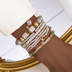 Белый 8шт 8 стили набор браслетов из стеклянных бусинок, составной браслет для женщин, со сплавом, белые, 2-3/8 дюйм (6 см)