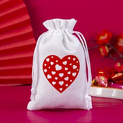 Red Burlap Heart Print Packing Pouches, Drawstring Bags, for Presents, Valentine's Day Party Favor Gift Bags, Rectangle, Red, 15x10cm