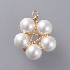 White Shell Pearl Pendants, with Golden Plated Copper Wire, Flower, White, 24x22x8mm, Hole: 2.3mm