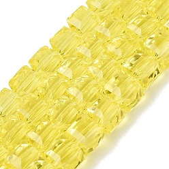 Amarillo Cuentas de vidrio transparentes, cubo, facetados, amarillo, 7x7x6.5~7 mm, agujero: 1.2~1.6 mm, sobre 96~101 unidades / cadena, 25.39~28.54 pulgada (64.5~72.5 cm)