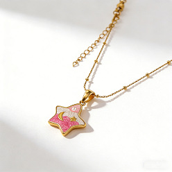 Rose Chaud 304 Colliers pendentifs en acier inoxydable émaillé et perle en plastique, étoiles, or, rose chaud, 17.72 pouce (45 cm)