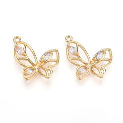Настоящее золото 18K Латунные микро проложить кубического циркония подвески, бабочки прелести, реальный 18 k позолоченный, 23x18x4 мм, отверстие : 1.4 мм