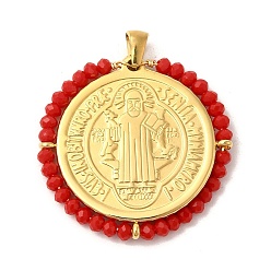 (123L) Белый крем непрозрачный блеск Ионное покрытие (ip) 304 подвески из нержавеющей стали, со стеклянными бусинами, реальный 18 k позолоченный, плоско-круглые, огнеупорный кирпич, 34x34.5x3 мм, отверстие : 3.5x3 мм