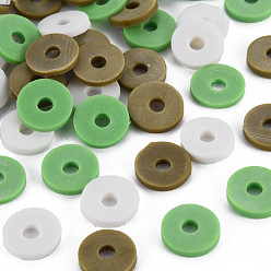 Olive 3 Colors Handmade Polymer Clay Beads, Heishi Beads, Disc/Flat Round, Olive & Dark Sea Green & White, 8x0.5~1.5mm, Hole: 2mm, about 11500pcs/1000g