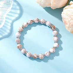 Синтетическая Бирюза Браслеты из ракушек и синтетической бирюзы, эластичные, для мужчин и женщин, круглые, с платиновыми латунными бусинами, внутренний диаметр: 2 дюйм (5.2 см)