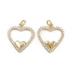 Настоящее золото 16K Латунные микропаве прозрачные подвески с фианитом, сердце, с целью перехода в кольце, реальный 16 k позолоченный, 21.5x19x2 мм, отверстие : 3.4 мм