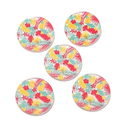 Gold Printed Transparent Acrylic Pendants, Flat Round with Leaf Pattern, Gold, 39x2mm, Hole: 2mm