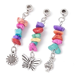 (52) Непрозрачная лаванда Подвески с окрашенной синтетической бирюзой, с сплава прелести, бабочка/гриб/цветок, разноцветные, 53.5~54 мм, отверстие : 3 мм, 3 шт / комплект.