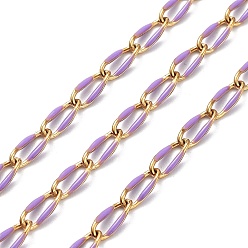 Plum 304 Stainless Steel Handmade Beaded Chain, with Enamel, with Spool, Soldered, Real 18K Gold Plated, Oval, Plum, 9x4x1mm, about 16.40 Feet(5m)/Roll
