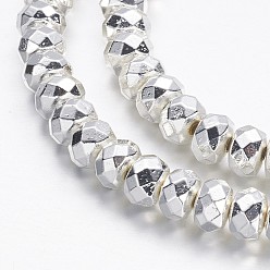 Silver Plated Non-magnetic Synthetic Hematite Beads Strands, Grade A, Faceted, Rondelle, Silver Plated, 6x4mm, Hole: 1mm, about 101pcs/strand, 15.7 inch
