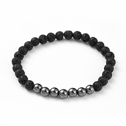Лавовый камень Эластичные браслеты унисекс с натуральным вулканическим камнем, с немагнитных синтетическими гематита бисера, круглые, 2-1/4 дюйм (5.85 см)