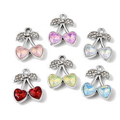 Platinum Alloy Rhinestone Pendants, Cherry Charms, with Glass, UV Plating, Mixed Color, Platinum, 18.7x15x4mm, Hole: 1.8mm