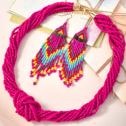 Фуксиновый Многослойные ожерелья из стеклянных бус и наборы из серег с треугольными кисточками в стиле бохо, красно-фиолетовые, 540 мм
