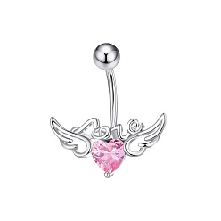 Pink 304 изогнутые кольца для живота с подвеской из нержавеющей стали и кубическим цирконием, сердце с крыльями ангела, цвет нержавеющей стали, розовые, длина стержня: 3/8"(10мм), штифты : 1.2 мм