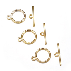 Golden Tibetan Style Toggle Clasps, Flat Round, Cadmium Free & Nickel Free & Lead Free, Golden, Flat Round: 15x2mm, Hole: 2mm, Bar: 21mm, Hole: 2mm