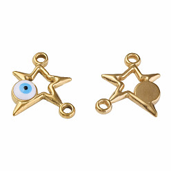 White 304 Stainless Steel Enamel Connector Charms, Golden, Star with Evil Eye, White, 16x13.5x3mm, Hole: 1.6mm