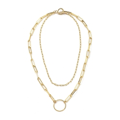 Golden Brass Paperclip Chain Double Layer Necklaces, with 304 Stainless Steel Toggle Clasps, Ring, Golden, 13.97 inch(35.5cm)