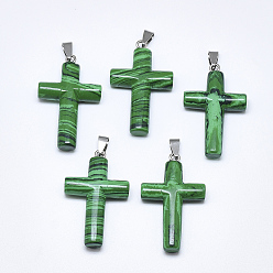 Малахит Синтетического малахита подвески, с защелкой из нержавеющей стали на поручнях, крестик, цвет нержавеющей стали, 44~46x28x8 мм, отверстие : 3~4x7~8.5 мм
