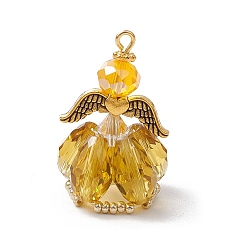 Золотистый Граненые подвески стекла, ангельское очарование, с крылом из античного золотого сплава и золотой железной петлей, стеклянными жемчужными бусинами и стеклянными бусинами, золотые, 31x20x20 мм, отверстие : 2 мм