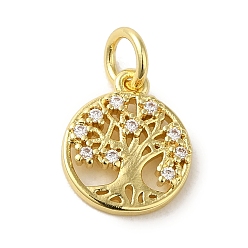 Настоящее золото 18K Латунные микропаве прозрачные подвески с фианитом, без кадмия, без никеля и без свинца, плоские круглые с дерева жизни, реальный 18 k позолоченный, 14x12x2.5 мм, отверстие : 3.2 мм