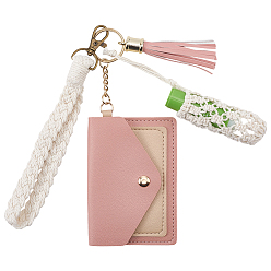 Pink Наборы для ключей, включая брелоки-чехлы для фотокарточек из искусственной кожи, хлопковый макраме мешочек подвеска украшения, Вязаные подвески из хлопкового шнура и подвески с кисточками из искусственной кожи., розовые, 175 мм, Сумка: 109x78x5 мм, 1 PC