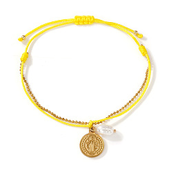 Желтый Богемный стиль 304 браслеты из нержавеющей стали с подвесками, Браслеты из круглых латунных бусин, двухслойные, для женщин, плоские круглые с святым Бенедиктом, с полиэстером и пластиковыми жемчужинами, желтые, 11.02 дюйм (28 см)