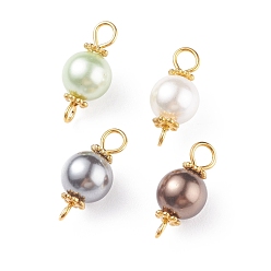 Mixed Color Shell Pearl Bead Connector Charms, with Golden Tone Brass & Alloy Findings, Dyed, Round, Mixed Color, 17x8mm, Hole: 1.6~3mm