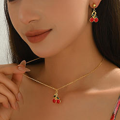 Золотой Комплект из латунных сережек-гвоздиков и ожерелий с подвесками из вишни для женщин, золотые