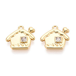 Настоящее золото 18K Подвески из латуни с прозрачным фианитом, прелести дома, без никеля , реальный 18 k позолоченный, 13x14x2 мм, отверстие : 1.2 мм