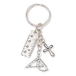 Others Tibetan Style Alloy Keychain, with Iron Split Key Rings, Ruler/Book, Ruler, 7.2cm, Pendants: 18.5~29x9.5~24x1~2mm