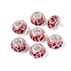Saumon Perles européennes en résine opaque, Perles avec un grand trou   , Motif rondelle et léopard, avec noyaux en laiton plaqué couleur argent, Saumon, 13.5~14x8~9mm, Trou: 4.5~5mm