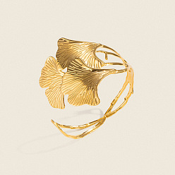 Plaqué 18K Or Véritable 304 Bracelets manchettes vintage en acier inoxydable à motif feuille pour femmes, réel 18 k plaqué or, diamètre intérieur: 2.17 pouce (5.5 cm)