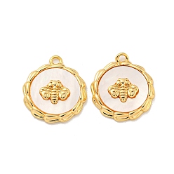 Настоящее золото 18K Натуральные белые раковины, стойка латунная плоская круглая с подвесками в виде пчел, реальный 18 k позолоченный, 15x13x3 мм, отверстие : 1.2 мм