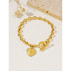 Letter J 304 Браслеты из нержавеющей стали в форме сердца с подвеской в виде буквы, Браслеты из овальных звеньев цепи для женщин, золотые, буква J, 7.28 дюйм (18.5 см)