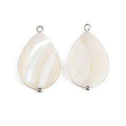 Нержавеющая Сталь Цвет Подвески-капли из натуральных ракушек, с 304 петлями из нержавеющей стали, цвет морской раковины, цвет нержавеющей стали, 29~30x18~18.5x3.5~4.5 мм, отверстие : 1.6~2.5 мм