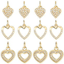 Настоящее золото 18K Долговечные латунные микропрофили кубические циркониевые прелести, полые сердца, реальный 18 k позолоченный, 9~12.5x8~11x2~3 мм, отверстие : 3 мм, 4 шт / стиль