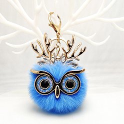 Озёрно--синий Брелок из шерсти, со сплавочной фурнитурой, помпоновый шар с совой, Плут синий, 8 см