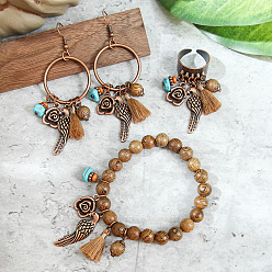 Красная Медь Комплекты украшений из сплава, дерева и синтетической бирюзы, включая браслеты, серьги и кольца-манжеты, Красная медь, 2-1/8 дюйм (5.5 см), 87x30 мм, 19 мм