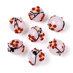 Белый Эмалевые бусины ручной работы в технике лэмпворк, круглая с цветком, белые, 16.5~19 мм, отверстие : 1.6 мм