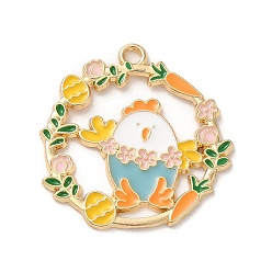Светло-Синий Подвески из сплава с эмалью на пасхальную тематику, венок с цыпочкой-оберегом, золотые, голубой, 29x28x1.5 мм, отверстие : 1.8 мм