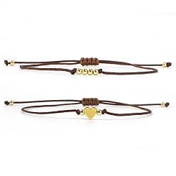 Сэнди Коричневый 2шт. 2 стили богемные латунные бусины плетеные браслеты из бусин, Браслеты из нейлоновой нити плетеные для женщин, круглый и сердце, золотые, песчаный коричневый, 11.02 дюйм (28 см)