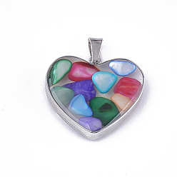 Colorful Dyed Shell Pendants, with Glass and 304 Stainless Steel Findings, Heart, Stainless Steel Color, Colorful, 19x21x6mm, Hole: 3x5.5mm