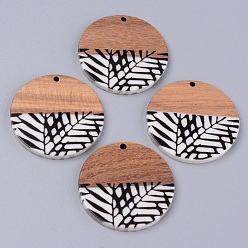 Черный Подвески из смолы и ореха, два тона, плоские круглые с листа, чёрные, 35x2~3 мм, отверстие : 2 мм