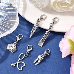Античное Серебро 5 шт. подвесные украшения из сплава в тибетском стиле, с карабин-лобстерами , разнообразные, античное серебро, 26.5~41.5 мм
