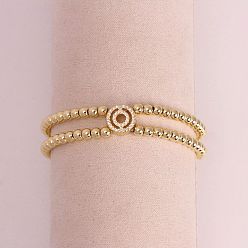 Letter O Браслеты из латуни с микропаве из прозрачных кубических циркониевых бусин, двойные нити, эластичные, для женщин, буква и круг, золотые, Письмо O, 6.69 дюйм (17 см)