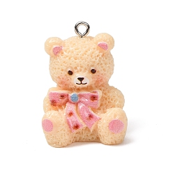 Beige Opaque Resin Pendants, Teddy Bear with Bowknot Charms, with Platinum Iron Loops, Beige, 29x21x22mm, Hole: 2mm